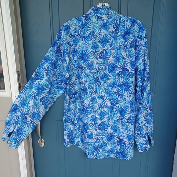 BUGATCHI CLASSIC FIT BUTTON FLIP CUFF BLUE PALM LEAVES SHIRT LARGE - Picture 4 of 16